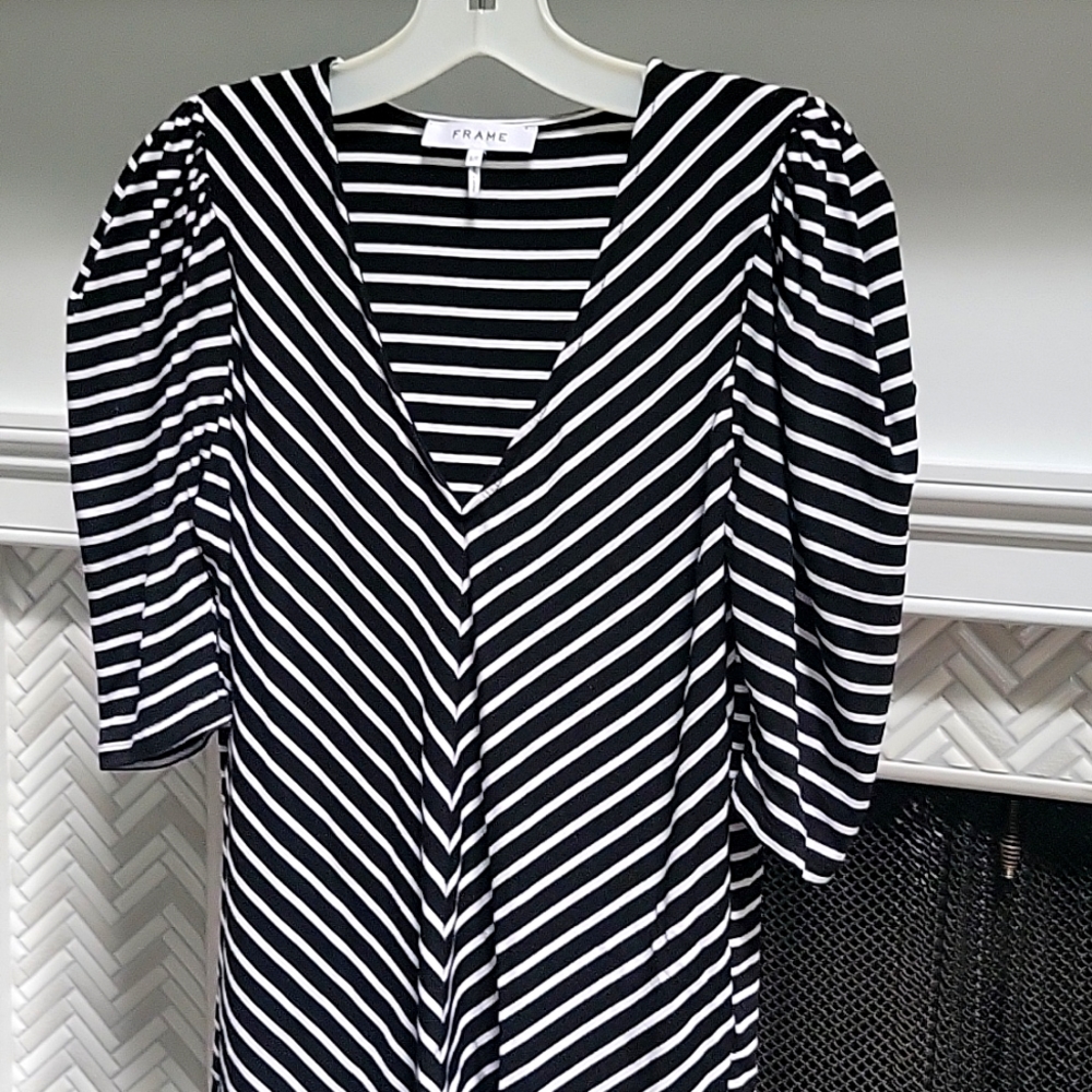 Frame Denim Black and White Striped Blouse